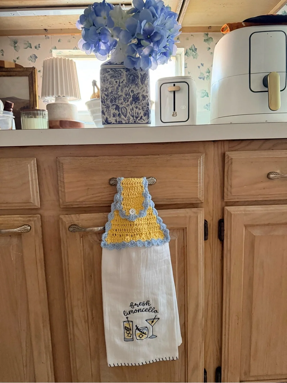 Handmade Yellow & Blue Crochet Top Kitchen Towel - Fresh Limoncello